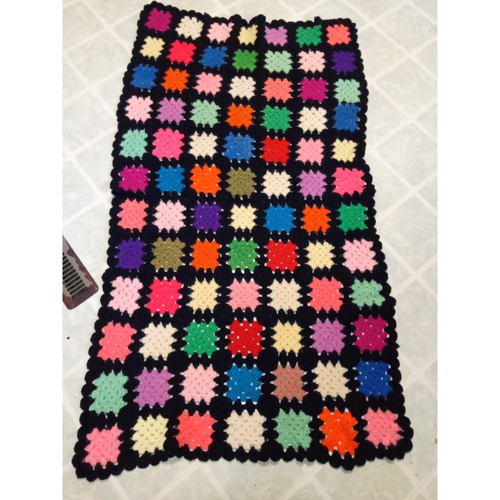 Vintage Handmade Crochet Granny Square Afghan Blanket Multi-Color Black Trim‎